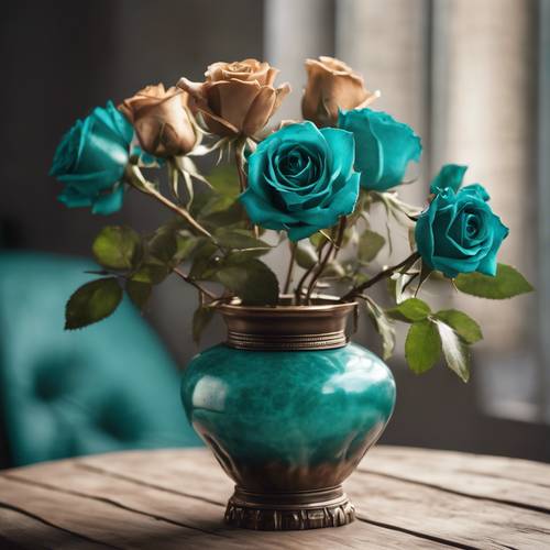 Mawar teal dalam vas perunggu antik di atas meja kayu.