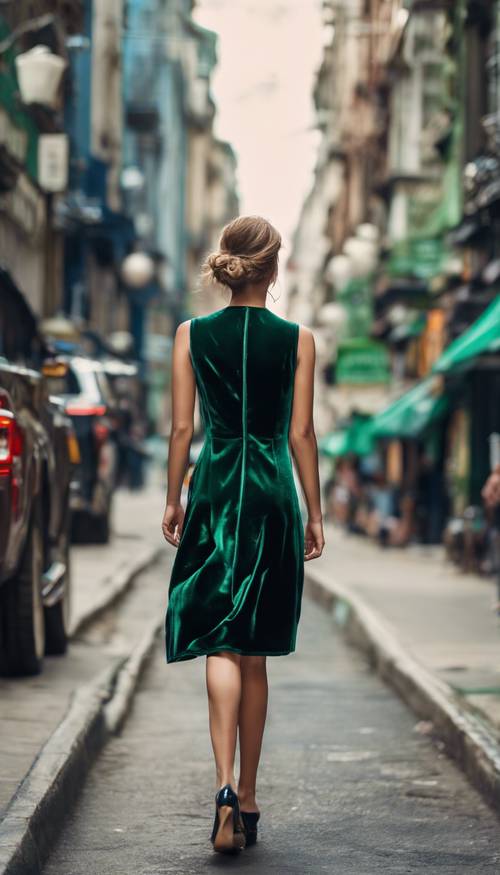 A fashion model wearing an emerald green velvet dress walking down a navy blue colored street.