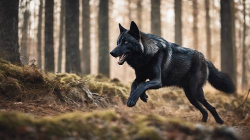 A fierce black wolf running through a forest chasing its prey.