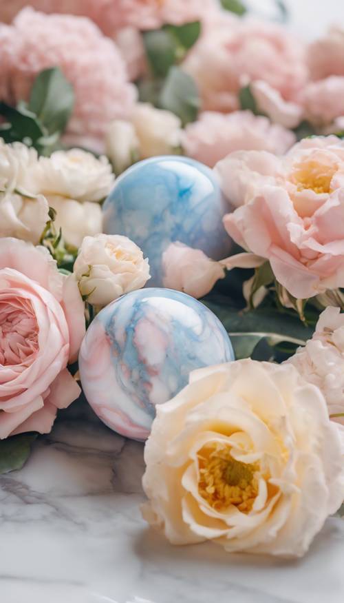 A pastel pink, yellow, and blue marble counter with a bouquet of flowers on it.