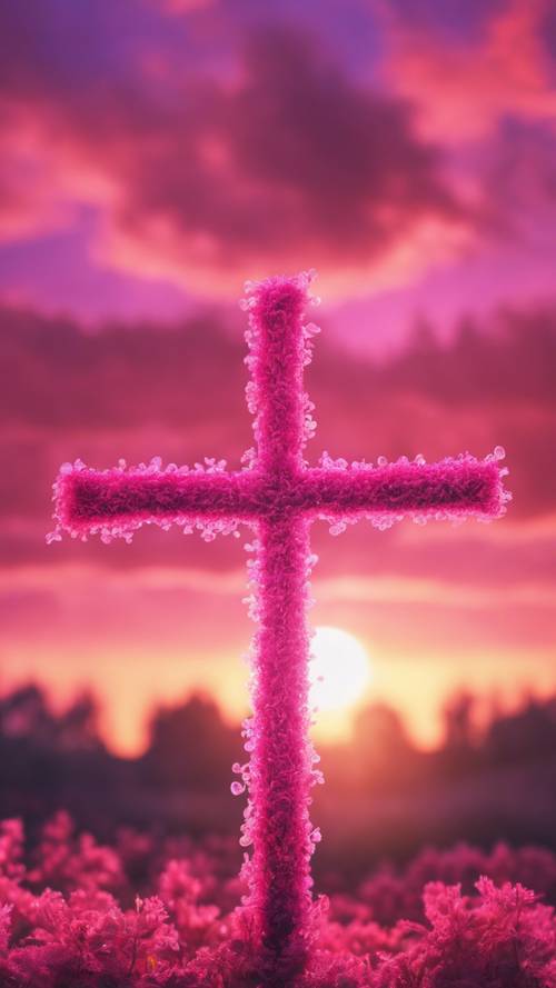 Uma cruz rosa vibrante brilhando ao nascer do sol da manhã.