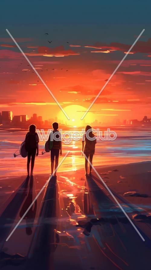 Passeggiata sulla spiaggia al tramonto con gli amici