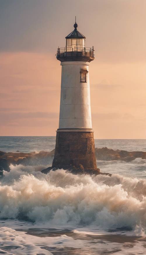 Um farol majestoso com vista para o mar, pintado pelas cores quentes em tons pastéis do fim da tarde de verão.