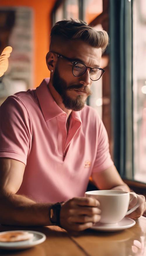 프레피 핑크색 폴로 셔츠를 입은 힙스터가 오렌지색 카페 인테리어에서 커피를 마시고 있습니다.