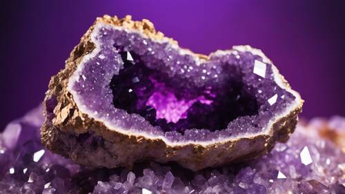 Um geodo de ametista semiprecioso, com superfícies internas cristalinas brilhando com tons roxos profundos.