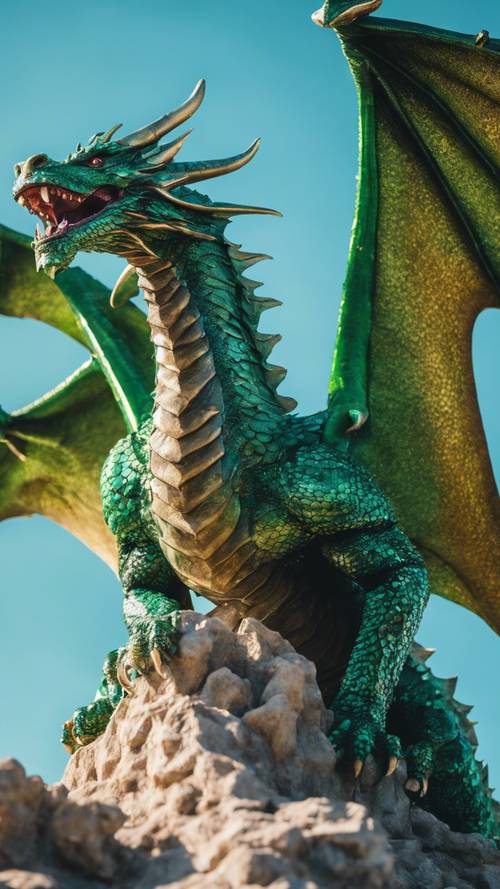 Un dragon majestueux aux écailles vert émeraude planant dans un ciel bleu clair.