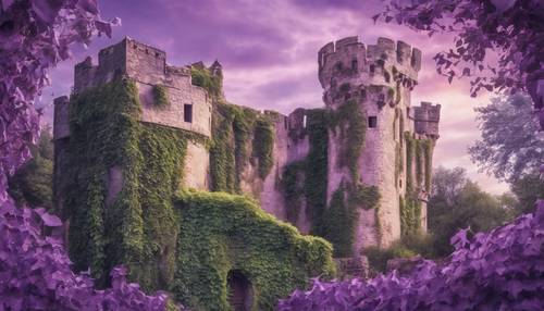 قلعة حجرية قديمة مغطاة جزئيًا باللبلاب تحت سماء أرجوانية مهيبة، مرسومة بالألوان المائية