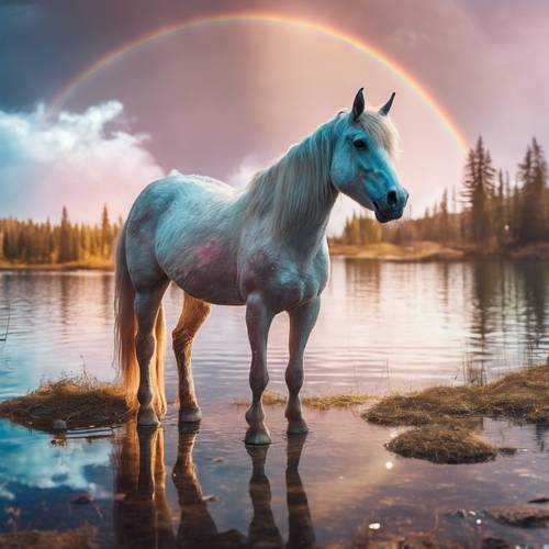 Mystical unicorn standing by the crystal clear lake under a rainbow. Tapeta [401001b6a4fc456ca8b1]