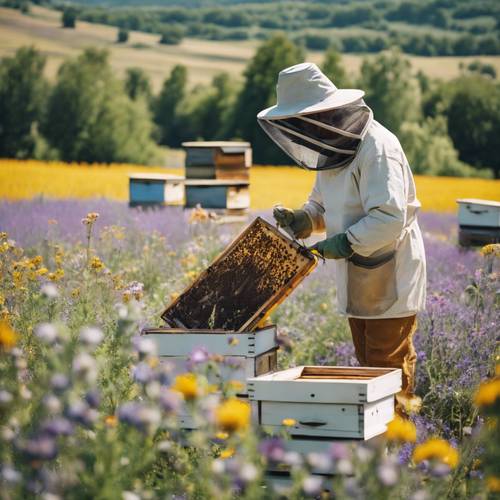 Męski pszczelarz opiekujący się ulami na polu pełnym dzikich kwiatów w jasny, słoneczny dzień.