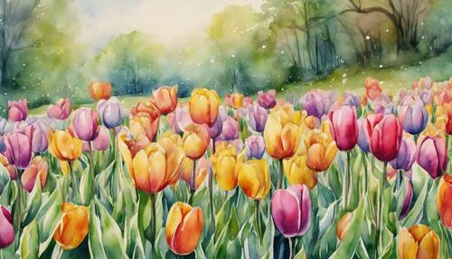 一幅描绘春天的水彩画，展现了一片盛开着五彩郁金香的草地。