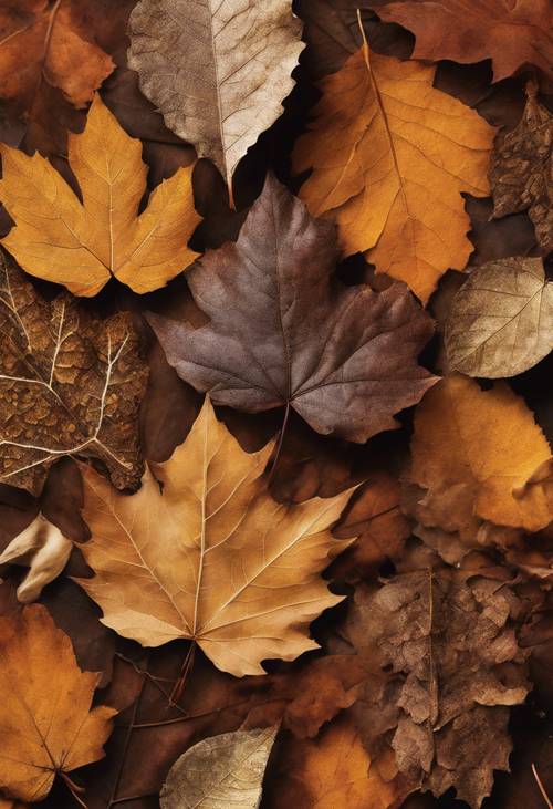Eine Makrofotocollage aus braunen Herbstblättern, die ein breites Spektrum an Texturen und Schattierungen zeigt.