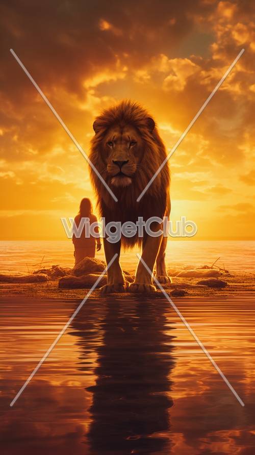 Impresionante puesta de sol con león y silueta humana
