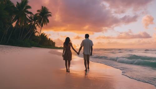 مشهد رومانسي لزوجين يسيران على طول شاطئ استوائي عند غروب الشمس مع سحب زاهية الألوان في السماء.