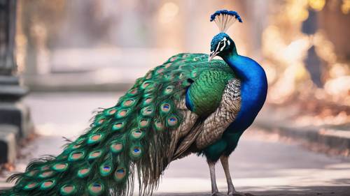 A beautiful peacock showcasing its vibrant iridescent tail feathers.