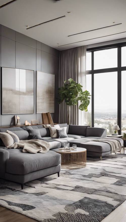 A family room with large floor-to-ceiling windows and modern furnishings like a plush grey couch and geometric rug.