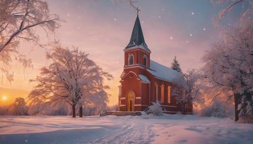 Una pintura serena de una iglesia cubierta de nieve durante una vibrante puesta de sol navideña.