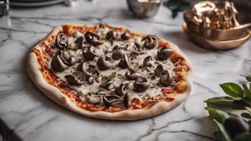 A gourmet truffle mushroom pizza on a chic marble counter in a high-end restaurant.