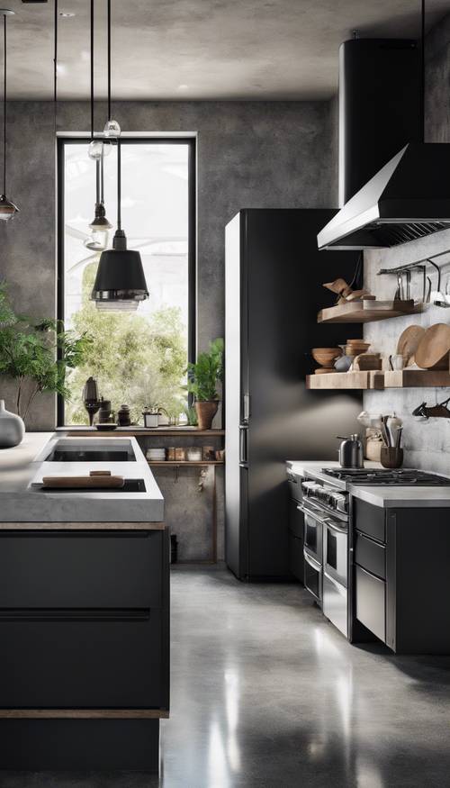 A modern kitchen with sleek black appliances, a polished concrete floor, and brushed steel lighting fixtures.