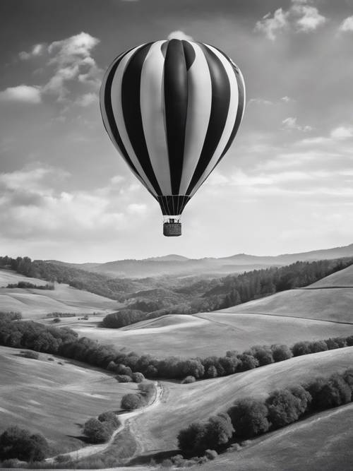 Une montgolfière fantaisiste à rayures noires et blanches flottant au-dessus d’une vallée.
