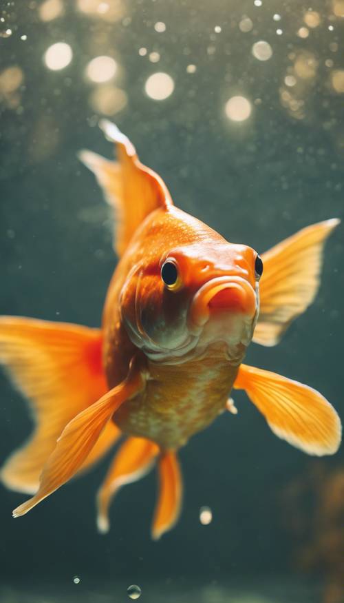Um peixinho dourado adulto com uma tonalidade laranja brilhante nadando em uma água tingida de amarelo.