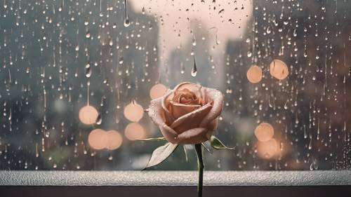 A cute rose gold quote "Just Breathe" under soothing rain droplets on a window overlooking a tranquil city.