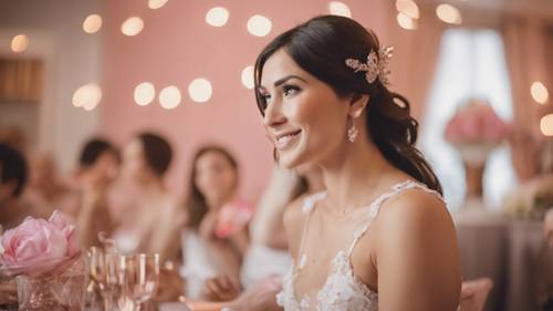 Bride to Be" in rose gold against a lively bridal shower party setting. Tapeta [3e58ab4d00e74174a976]