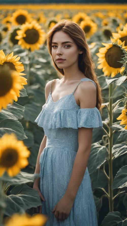 صورة لامرأة شابة ترتدي فستانًا صيفيًا باللون الأزرق الفاتح مع حقل عباد الشمس النابض بالحياة كخلفية.