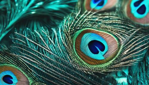 Una interpretación en acuarela verde azulado de plumas de pavo real en exhibición completa