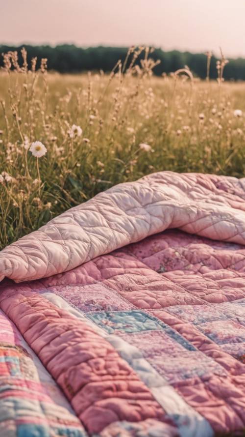 A vintage pink boho patchwork quilt spread on a meadow for a picnic.