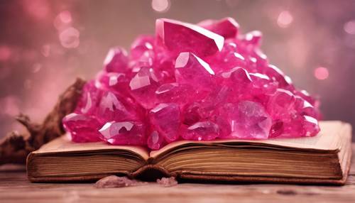 Una pila de vibrantes piedras de cristal rosa sobre un libro antiguo