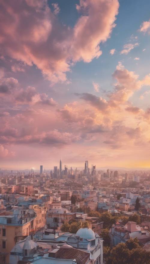 Une ville pastel animée sous un ciel majestueusement peint à l’aube. Fond d&#39;écran [a1bf747dcf714c1b8950]