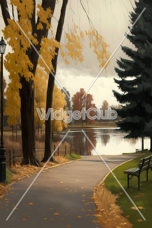 池とカラフルな木々がある秋の公園風景