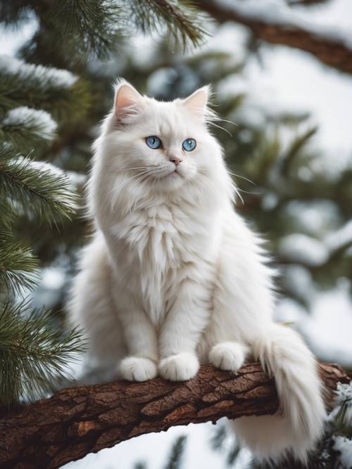 A majestic white Siberian cat perched gracefully on the branch of a pine tree.
