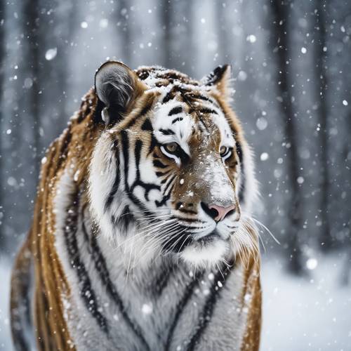 Ein goldener Tiger im schneebedeckten Wald, dessen Fell einen starken Kontrast zum reinweißen Schnee bildet.