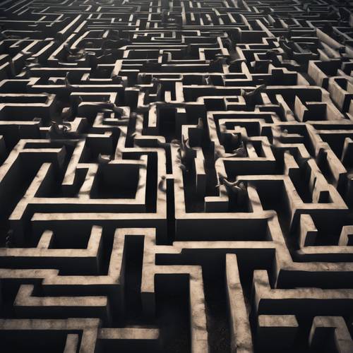 Vogelperspektive eines dunklen Labyrinths, das ein unheimliches Muster erzeugt.