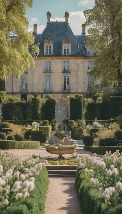 Um castelo francês cercado por jardins bem cuidados e equipado com toalhas de piquenique na primavera.