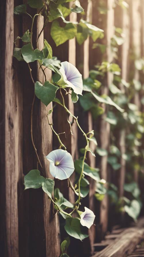 Vintage-styled image of a morning glory vine climbing up an old wooden gate.