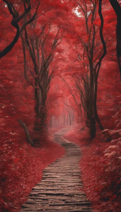 Czerwona leśna ścieżka, pokryta liśćmi, prowadząca przez wysokie, majestatyczne drzewa
