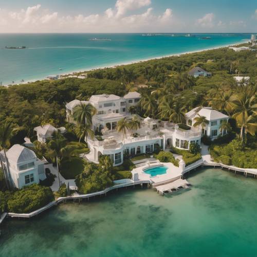 Panoramiczny widok z lotu ptaka na Star Island w Miami, przedstawiający eleganckie domy i piękne krajobrazy.