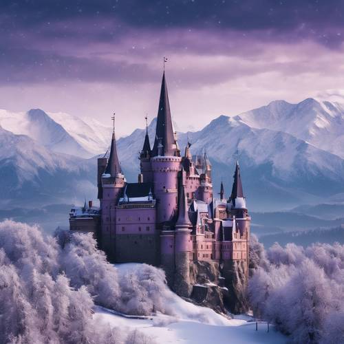 Un majestuoso castillo de color púrpura oscuro con vistas a un sereno paisaje cubierto de nieve en invierno.