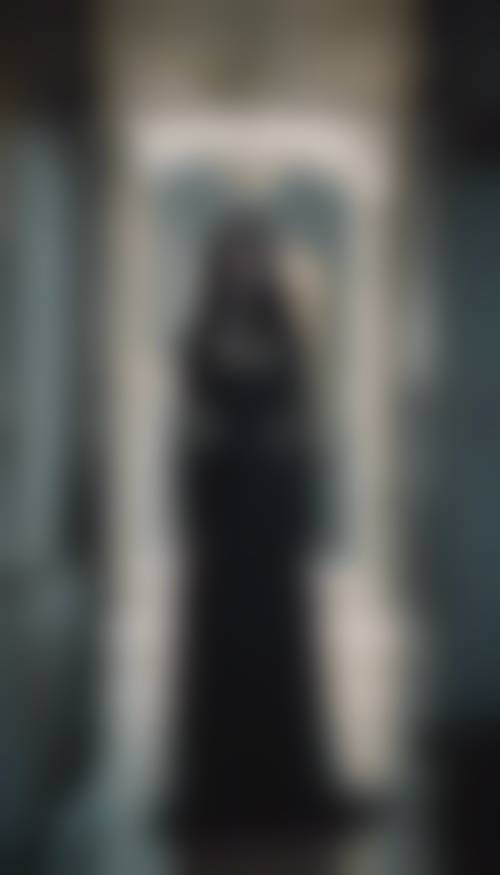 一位有着乌黑头发、美得诡异的哥特式女人站在灯光昏暗的走廊里。