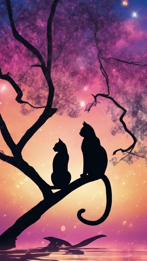 Siluet dua kucing keren dengan mata berbinar, duduk di dahan pohon dengan latar belakang matahari terbenam yang berwarna-warni.
