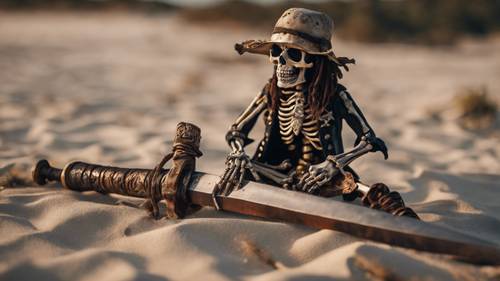 The skeleton of a pirate holding a rusty sword, on a deserted island.
