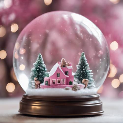 Una sfera di neve contenente una scena invernale in miniatura, punteggiata da un sorprendente tocco di stampa ghepardo rosa.