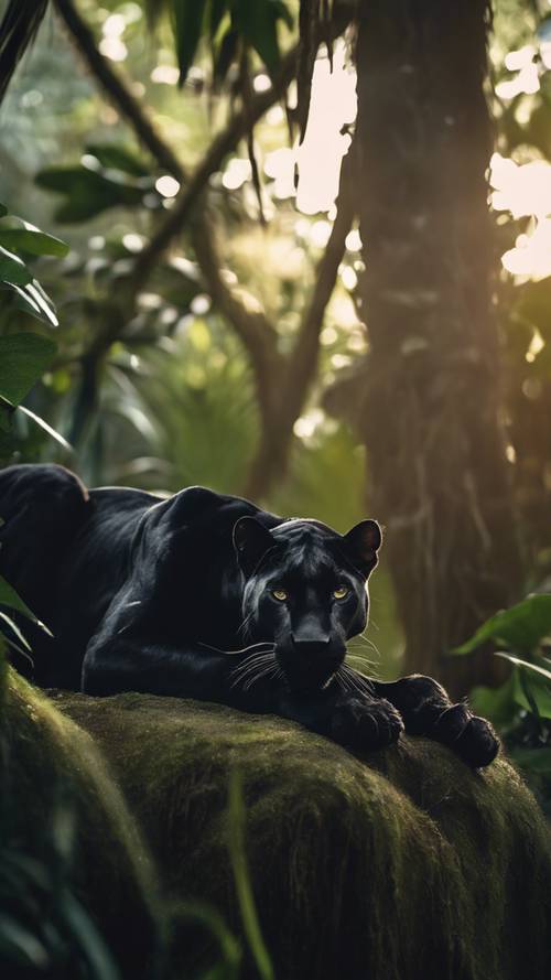 Elegancka czarna pantera wylegująca się o zmierzchu wśród cieni gęstego lasu deszczowego.