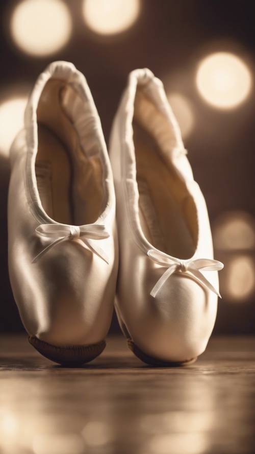 A pair of white ballet shoes poised to start a dance in the golden stage spotlight.