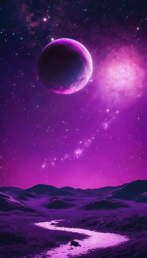 Яркая фиолетовая планета на фоне звездного космоса.