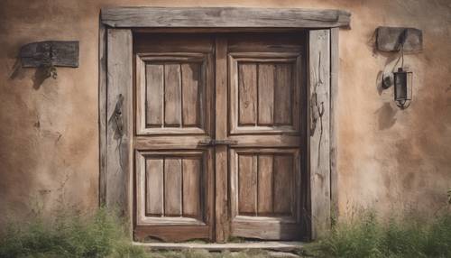 Pintu kayu pedesaan berwarna coklat pastel dari sebuah rumah pedesaan tua