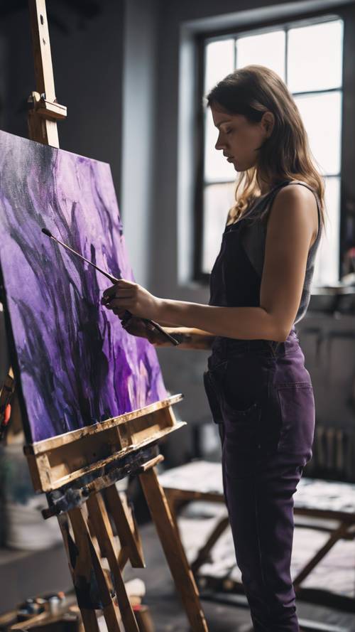 אישה צעירה מציירת בד מופשט בשחור וסגול בסטודיו מואר שמש.