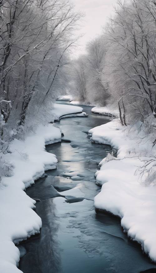 A frozen river winding its way through a snowy winter landscape.